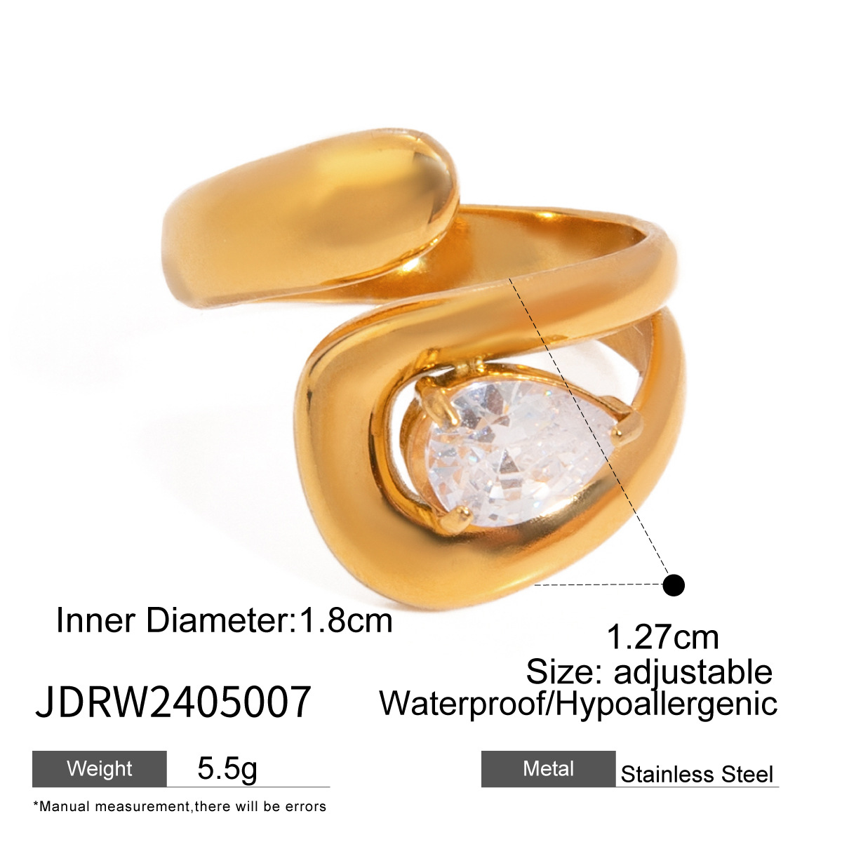 1 Pair Luxurious Series Irregular Stainless Steel  Gold Color Rhinestone Women's Single Rings h5 